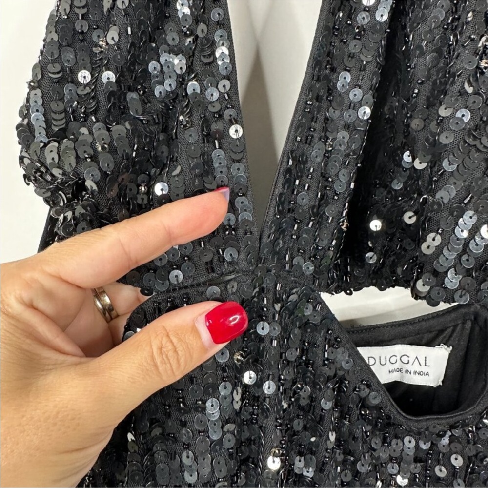 NWT Mac Duggal Silver Cut Out Halter Tie Back Sequin Gown Black 4 #8568 - Picture 5 of 8